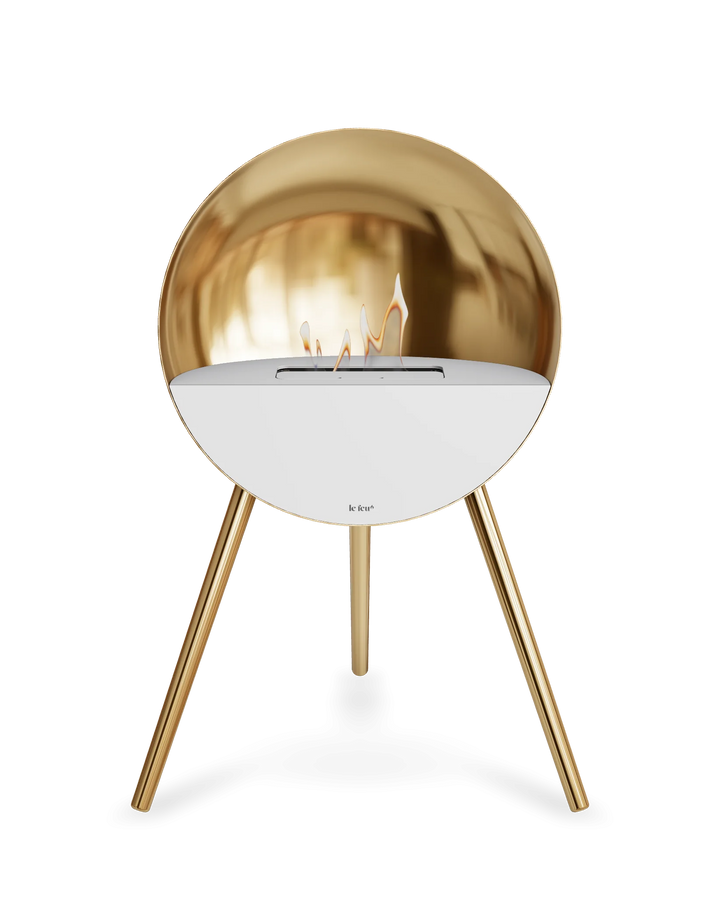 Bioethanol Standkamin Le Feu EYE freistehend in Roségold mit oberem Glas in Weiß, Frontglas in Weiß und Standfüßen in Roségold