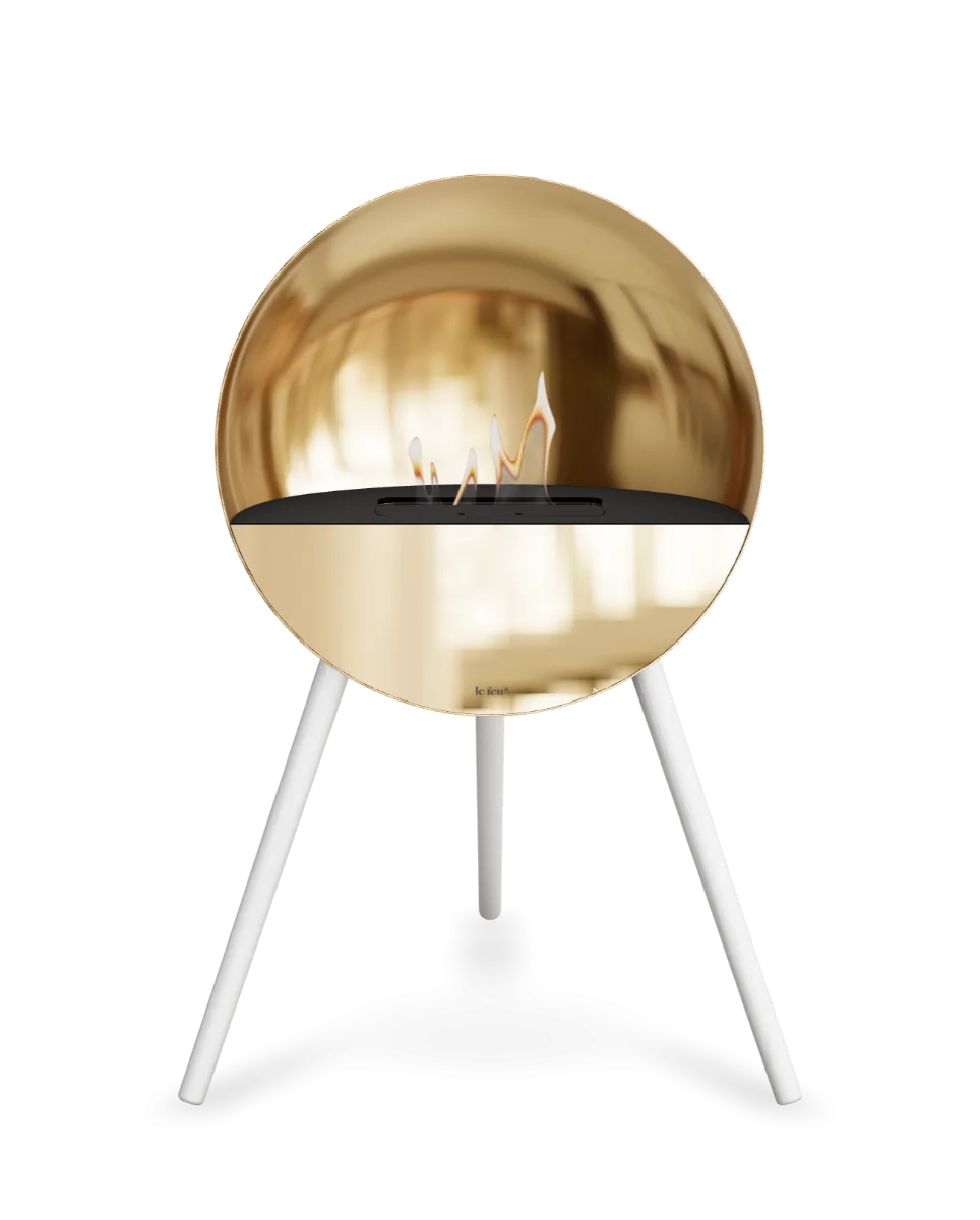 Bioethanol Standkamin Le Feu EYE freistehend in Roségold mit oberem Glas in Schwarz, Frontglas in Roségold und Standfüßen in Weiß