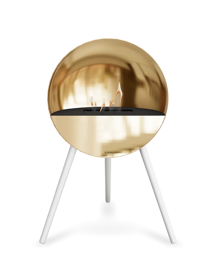 Bioethanol Standkamin Le Feu EYE freistehend in Roségold mit oberem Glas in Schwarz, Frontglas in Roségold und Standfüßen in Weiß