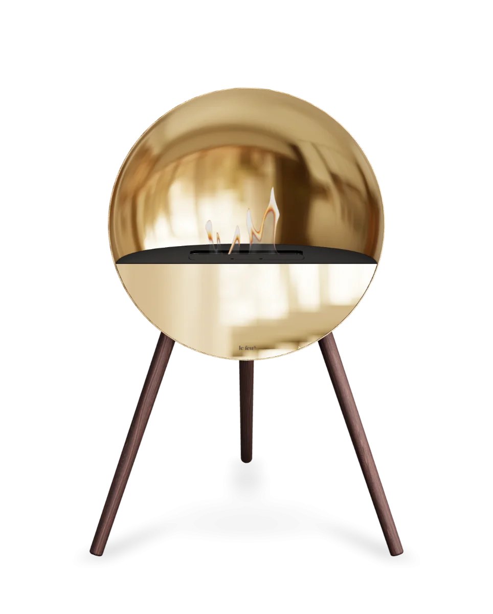 Bioethanol Standkamin Le Feu EYE freistehend in Roségold mit oberem Glas in Schwarz, Frontglas in Roségold und Standfüßen aus geräucherter Eiche
