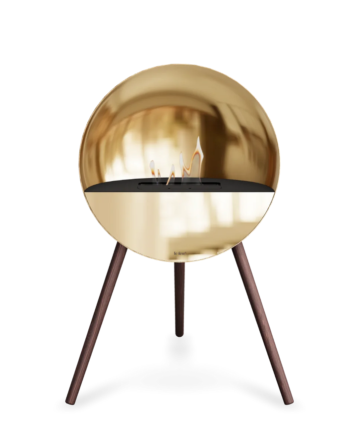 Bioethanol Standkamin Le Feu EYE freistehend in Roségold mit oberem Glas in Schwarz, Frontglas in Roségold und Standfüßen aus geräucherter Eiche