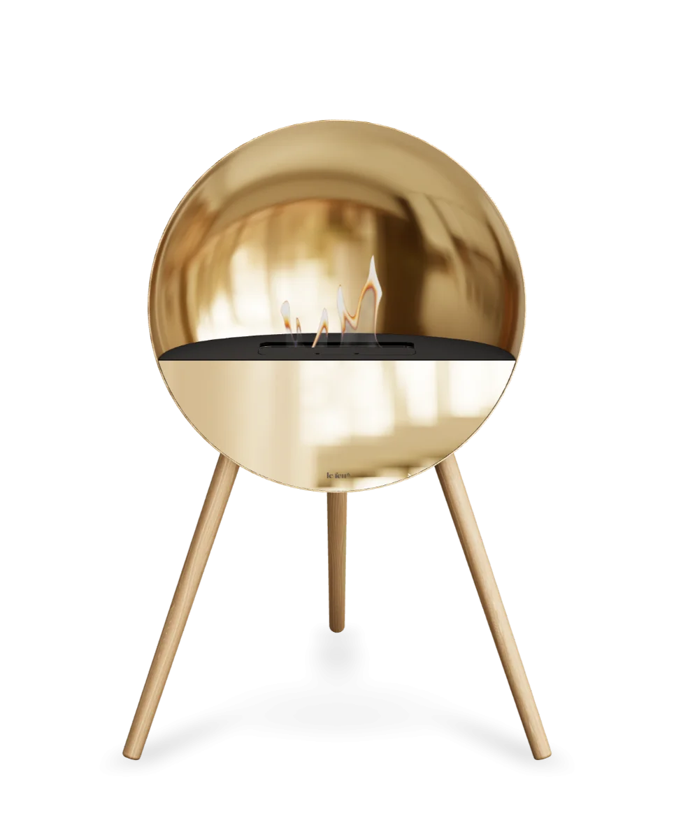 Bioethanol Standkamin Le Feu EYE freistehend in Roségold mit oberem Glas in Schwarz, Frontglas in Roségold und Standfüßen aus seifenbehandelter Eiche