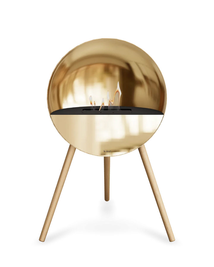 Bioethanol Standkamin Le Feu EYE freistehend in Roségold mit oberem Glas in Schwarz, Frontglas in Roségold und Standfüßen aus seifenbehandelter Eiche