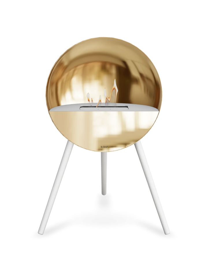Bioethanol Standkamin Le Feu EYE freistehend in Roségold mit oberem Glas in Weiß, Frontglas in Roségold und Standfüßen in Weiß