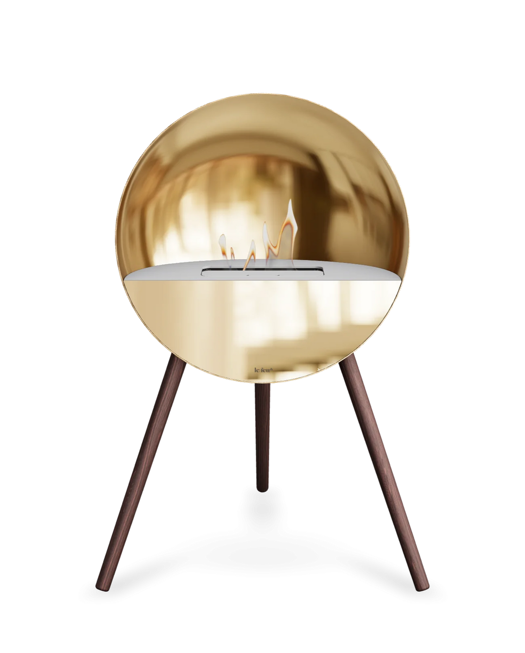 Bioethanol Standkamin Le Feu EYE freistehend in Roségold mit oberem Glas in Weiß, Frontglas in Roségold und Standfüßen aus geräucherter Eiche