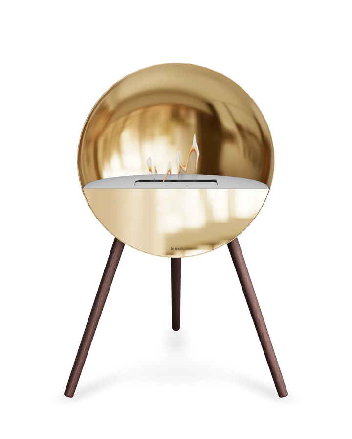 Bioethanol Standkamin Le Feu EYE freistehend in Roségold mit oberem Glas in Weiß, Frontglas in Roségold und Standfüßen aus geräucherter Eiche