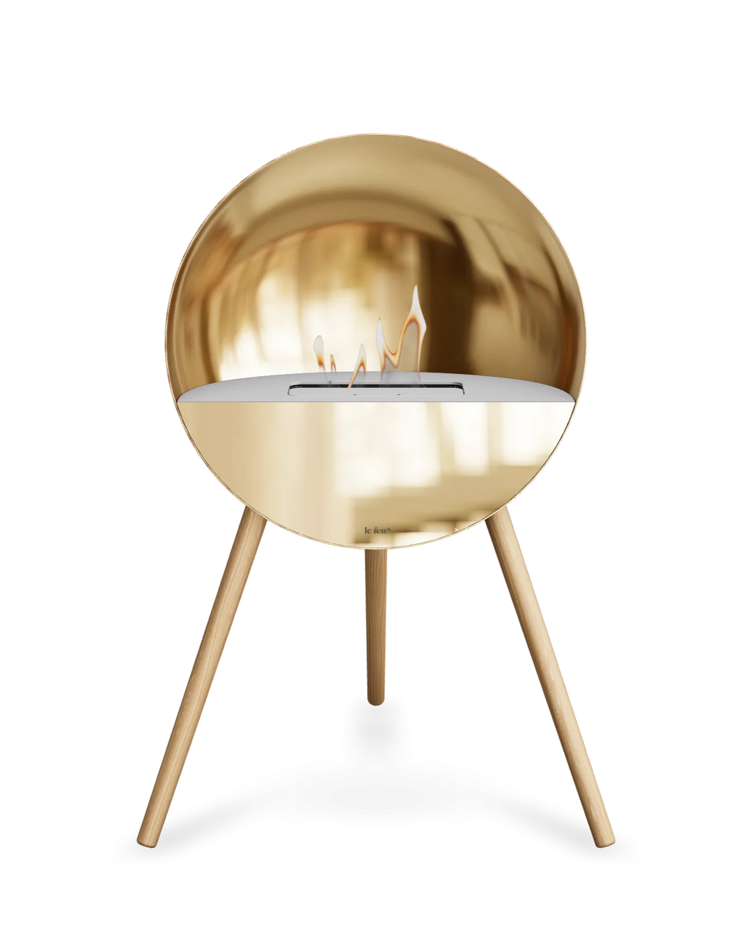 Bioethanol Standkamin Le Feu EYE freistehend in Roségold mit oberem Glas in Weiß, Frontglas in Roségold und Standfüßen aus seifenbehandelter Eiche