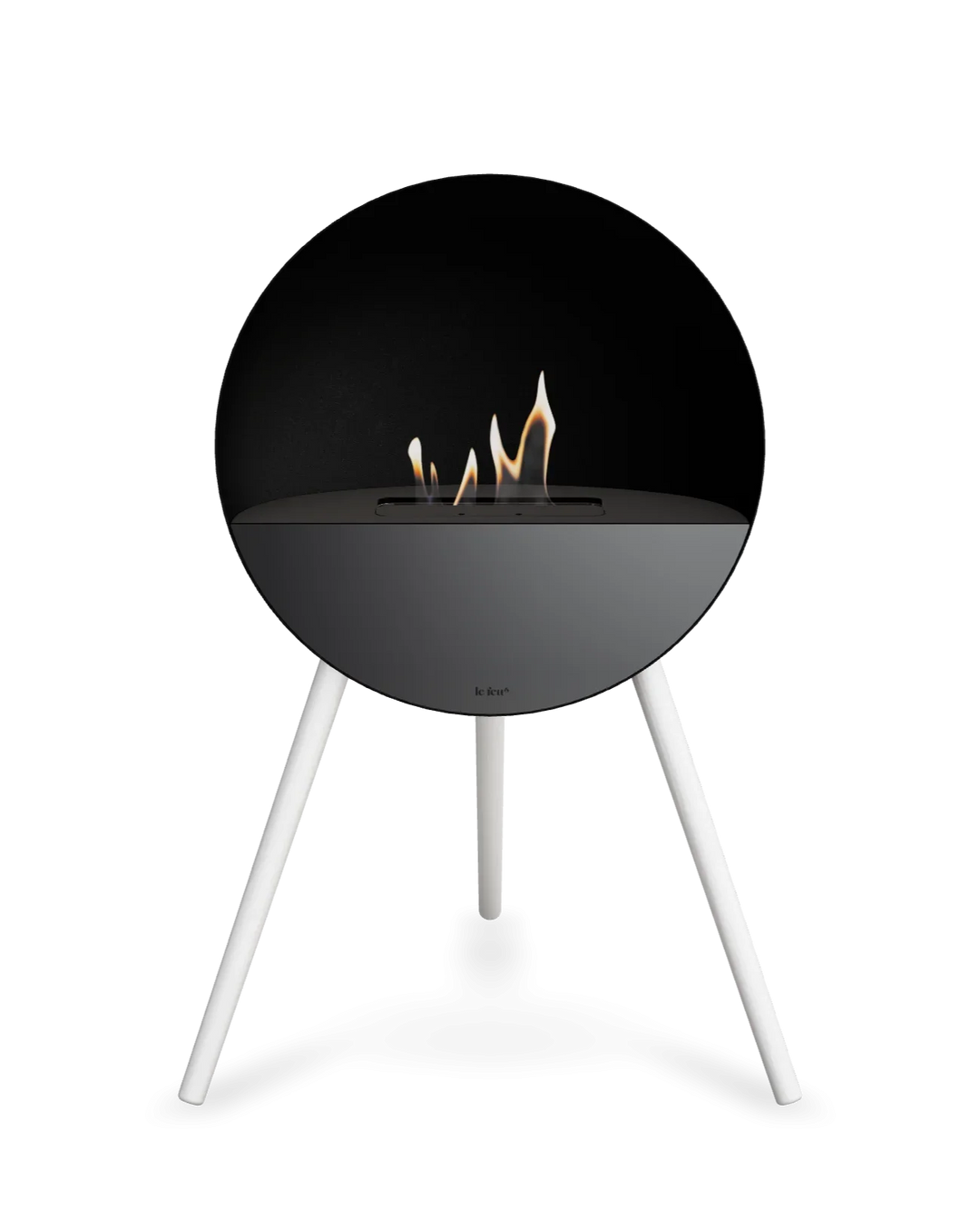 Bioethanol Standkamin Le Feu EYE freistehend in Schwarz mit oberem Glas in Schwarz, Frontglas in Schwarz und Standfüßen in Weiß