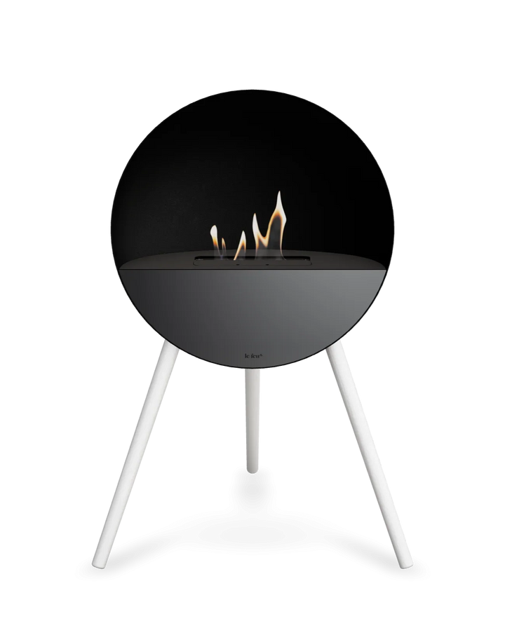Bioethanol Standkamin Le Feu EYE freistehend in Schwarz mit oberem Glas in Schwarz, Frontglas in Schwarz und Standfüßen in Weiß