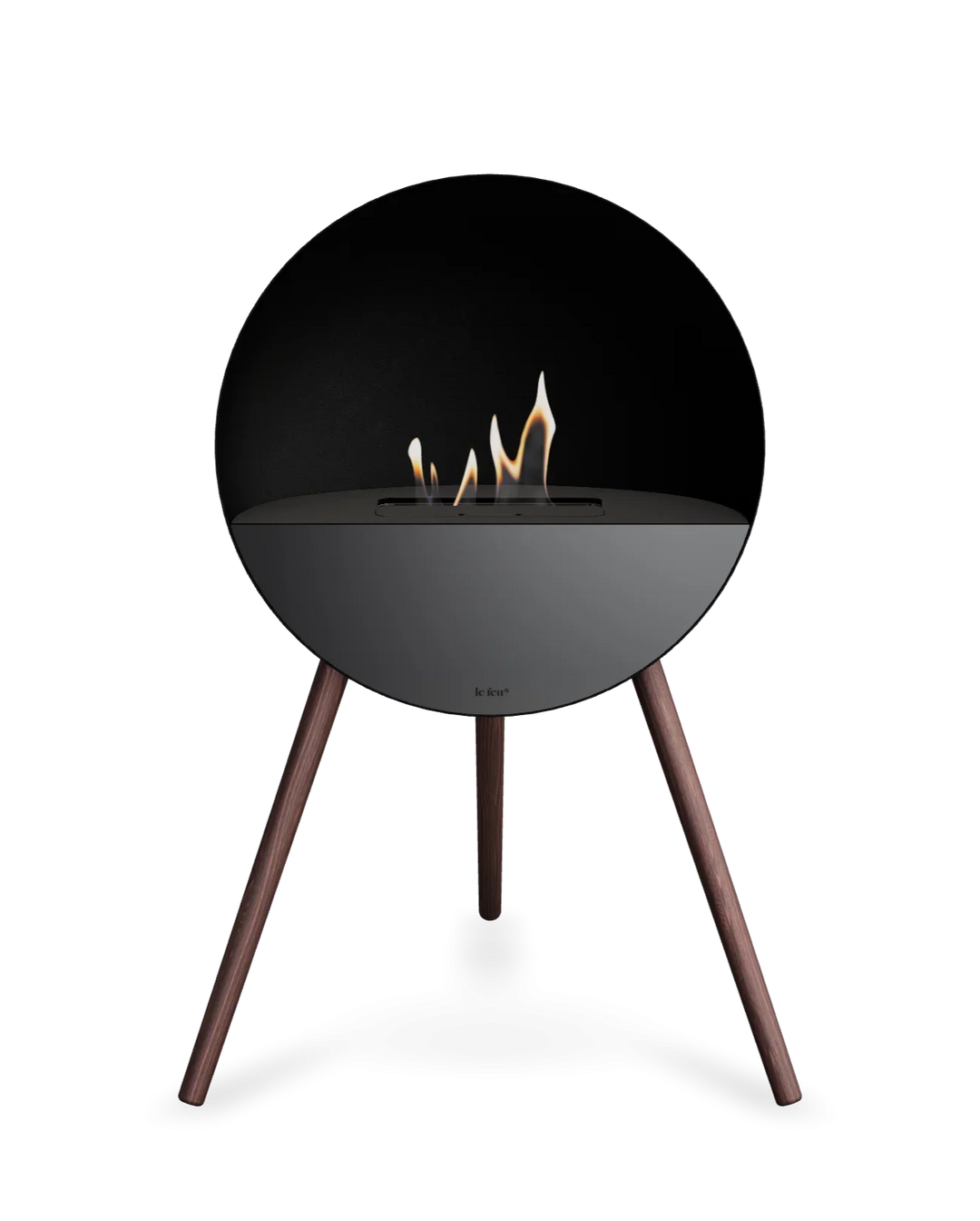Bioethanol Standkamin Le Feu EYE freistehend in Schwarz mit oberem Glas in Schwarz, Frontglas in Schwarz und Standfüßen aus geräucherter Eiche