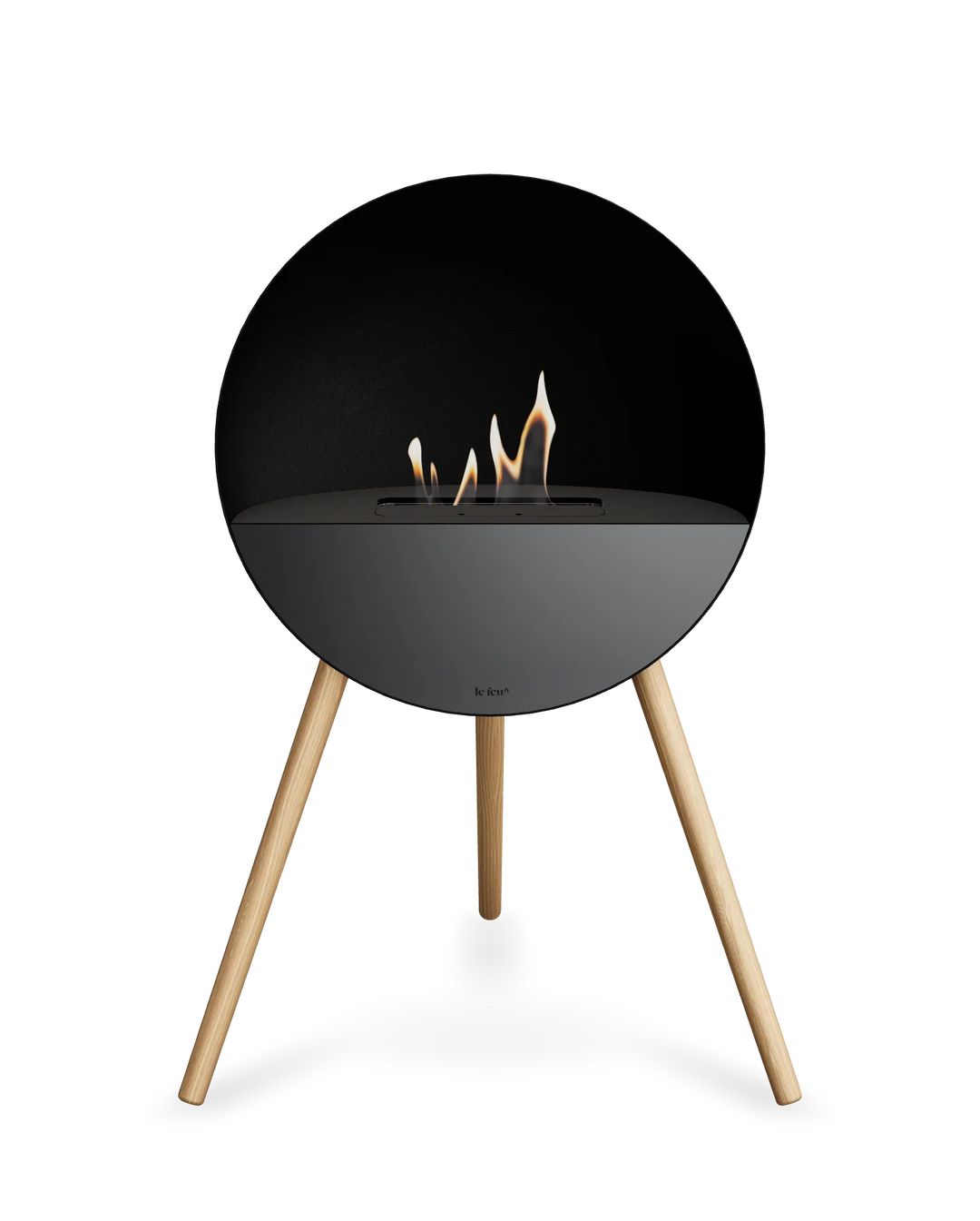 Bioethanol Standkamin Le Feu EYE freistehend in Schwarz mit oberem Glas in Schwarz, Frontglas in Schwarz und Standfüßen aus seifenbehandelter Eiche