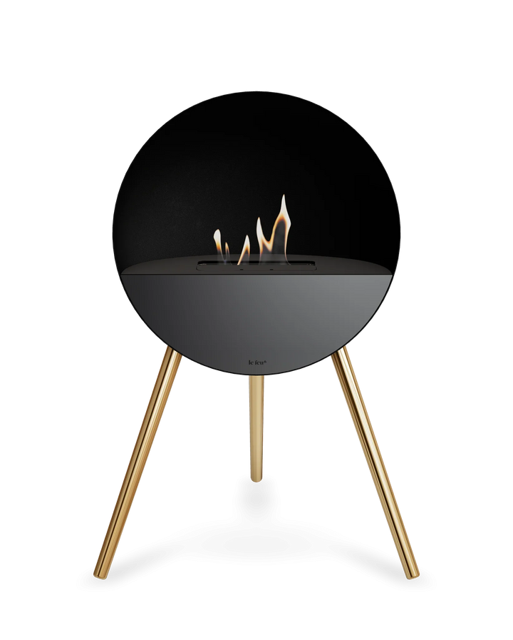 Bioethanol Standkamin Le Feu EYE freistehend in Schwarz mit oberem Glas in Schwarz, Frontglas in Schwarz und Standfüßen in Roségold