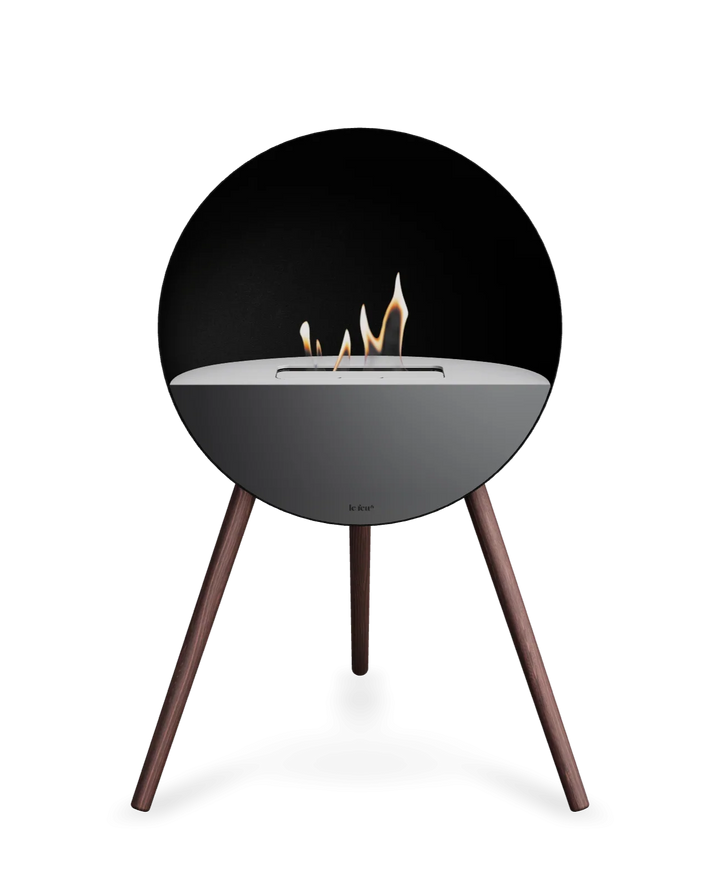 Bioethanol Standkamin Le Feu EYE freistehend in Schwarz mit oberem Glas in Weiß, Frontglas in Schwarz und Standfüßen aus geräucherter Eiche