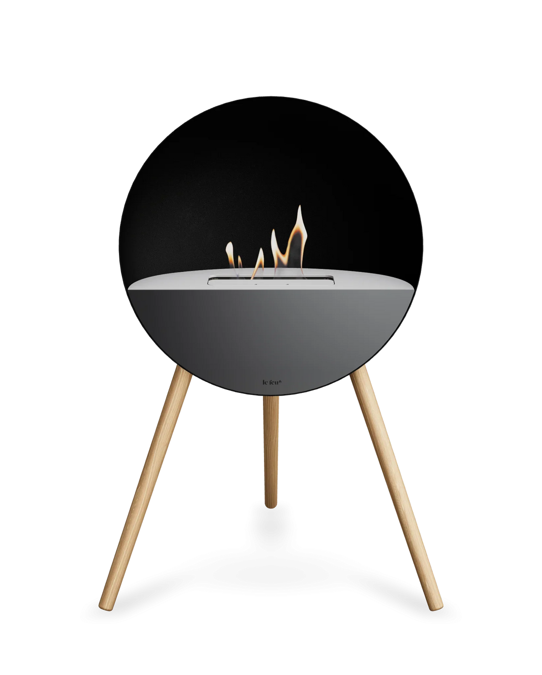 Bioethanol Standkamin Le Feu EYE freistehend in Schwarz mit oberem Glas in Weiß, Frontglas in Schwarz und Standfüßen aus seifenbehandelter Eiche