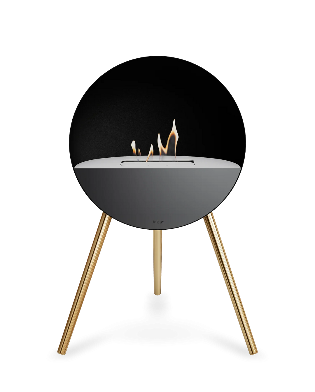 Bioethanol Standkamin Le Feu EYE freistehend in Schwarz mit oberem Glas in Weiß, Frontglas in Schwarz und Standfüßen in Roségold