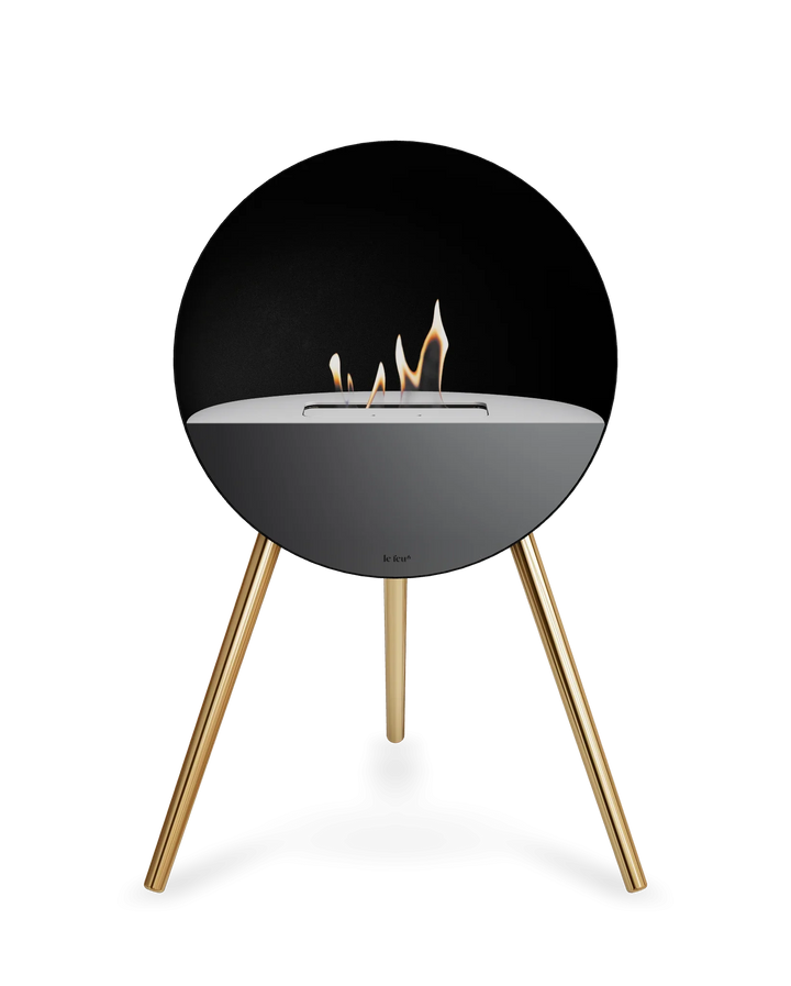 Bioethanol Standkamin Le Feu EYE freistehend in Schwarz mit oberem Glas in Weiß, Frontglas in Schwarz und Standfüßen in Roségold