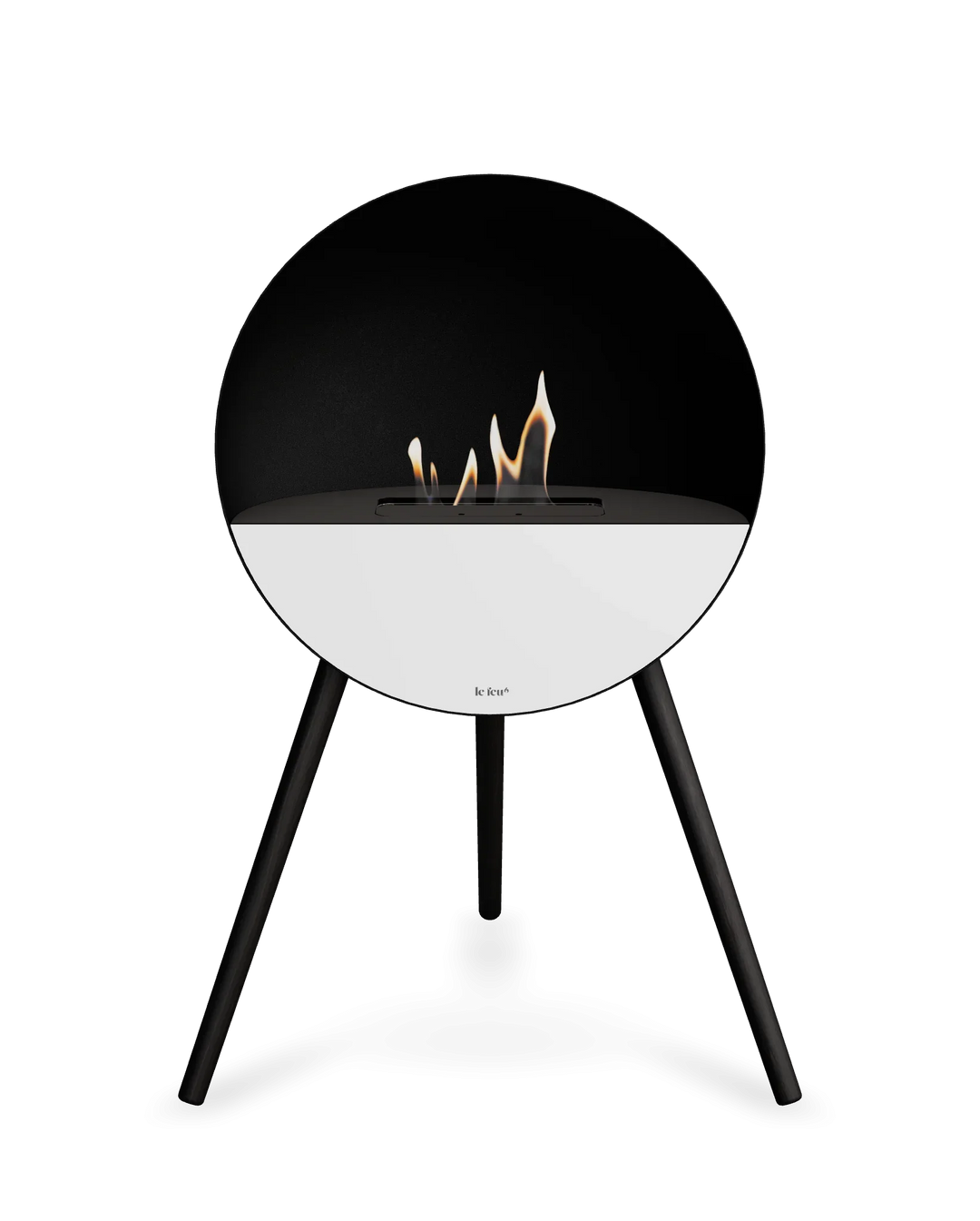 Bioethanol Standkamin Le Feu EYE freistehend in Schwarz mit oberem Glas in Schwarz, Frontglas in Weiß und Standfüßen in Schwarz