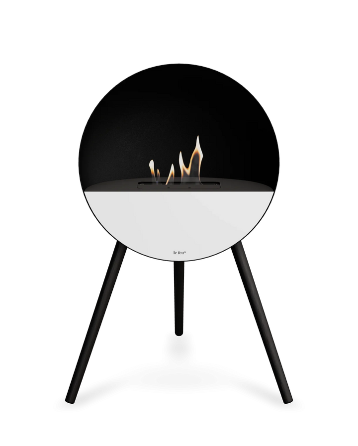Bioethanol Standkamin Le Feu EYE freistehend in Schwarz mit oberem Glas in Schwarz, Frontglas in Weiß und Standfüßen in Schwarz