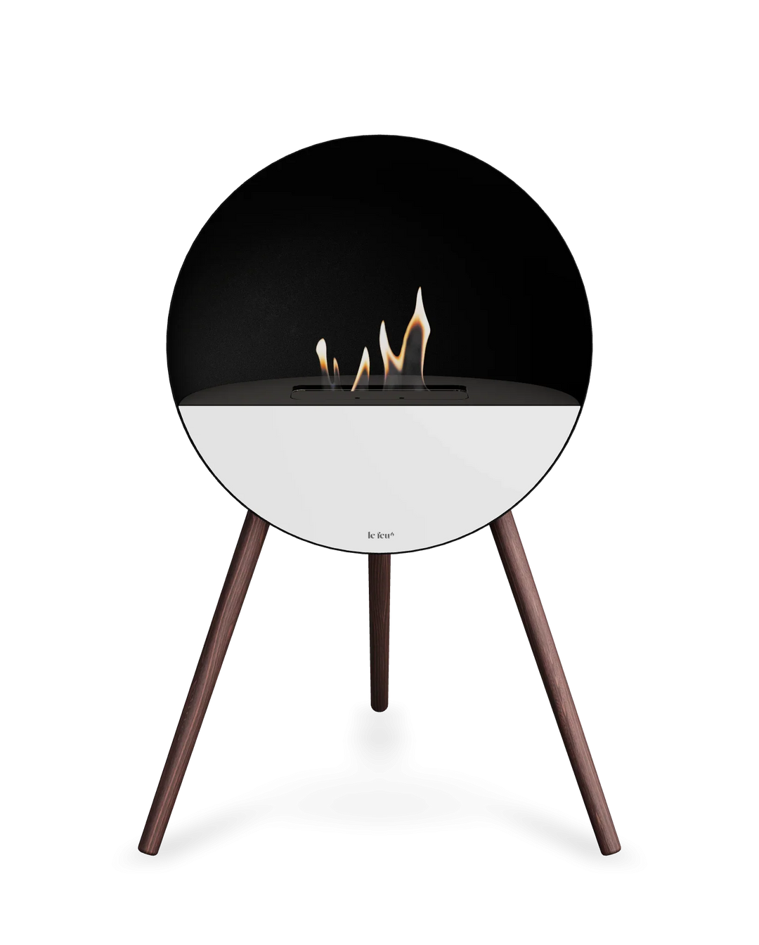 Bioethanol Standkamin Le Feu EYE freistehend in Schwarz mit oberem Glas in Schwarz, Frontglas in Weiß und Standfüßen aus geräucherter Eiche