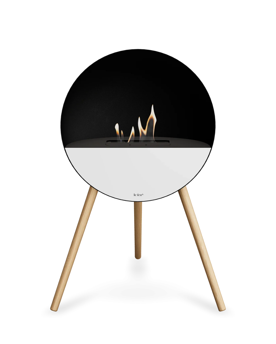 Bioethanol Standkamin Le Feu EYE freistehend in Schwarz mit oberem Glas in Schwarz, Frontglas in Weiß und Standfüßen aus seifenbehandelter Eiche