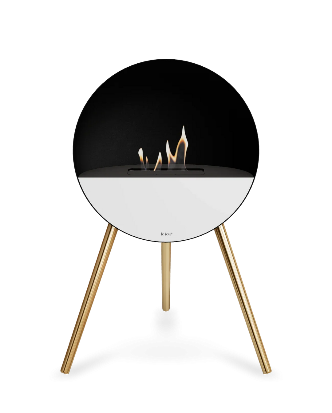 Bioethanol Standkamin Le Feu EYE freistehend in Schwarz mit oberem Glas in Schwarz, Frontglas in Weiß und Standfüßen in Roségold