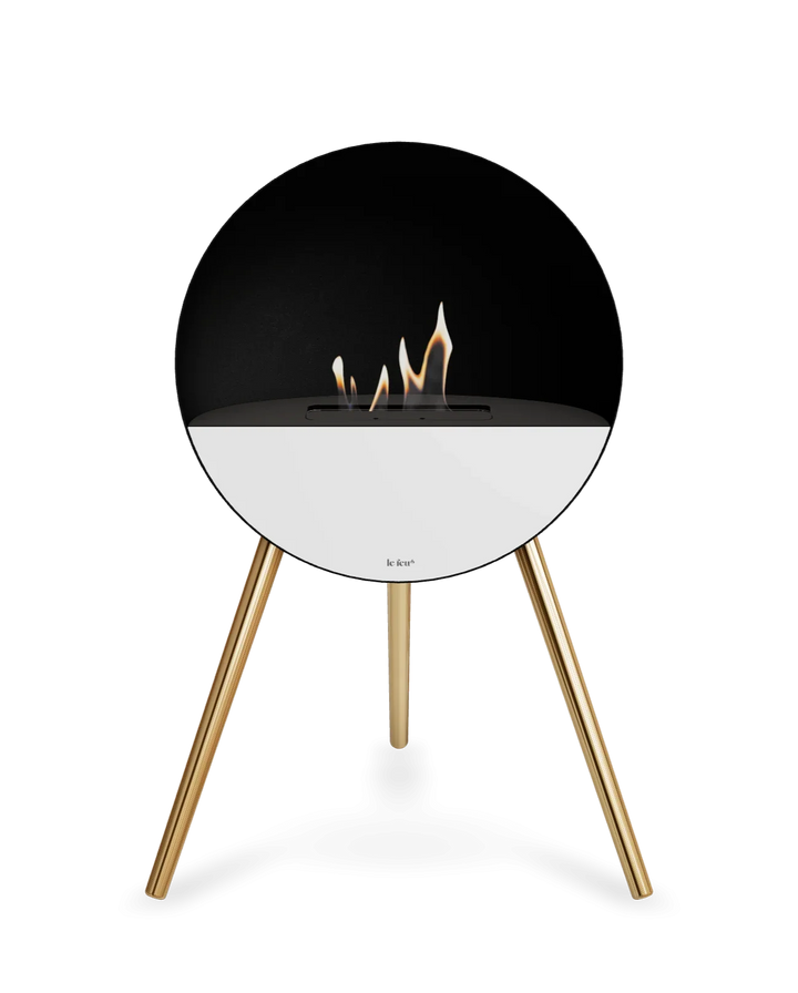 Bioethanol Standkamin Le Feu EYE freistehend in Schwarz mit oberem Glas in Schwarz, Frontglas in Weiß und Standfüßen in Roségold