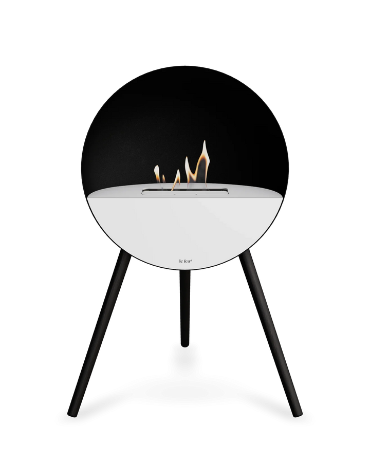 Bioethanol Standkamin Le Feu EYE freistehend in Schwarz mit oberem Glas in Weiß, Frontglas in Weiß und Standfüßen in Schwarz