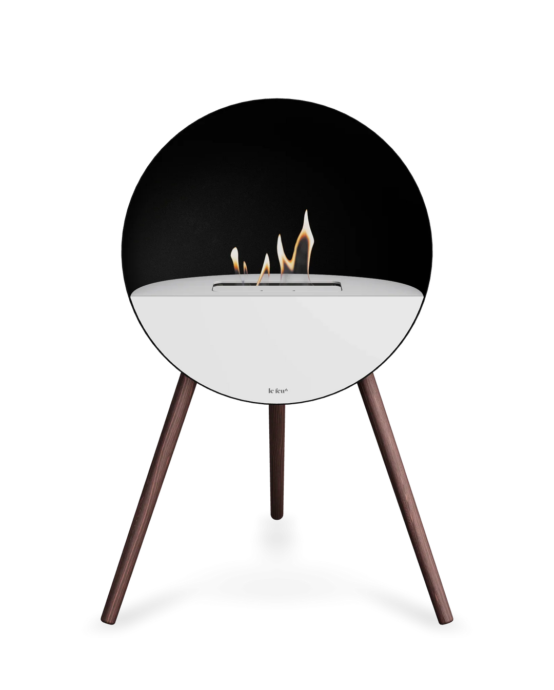 Bioethanol Standkamin Le Feu EYE freistehend in Schwarz mit oberem Glas in Weiß, Frontglas in Weiß und Standfüßen aus geräucherter Eiche