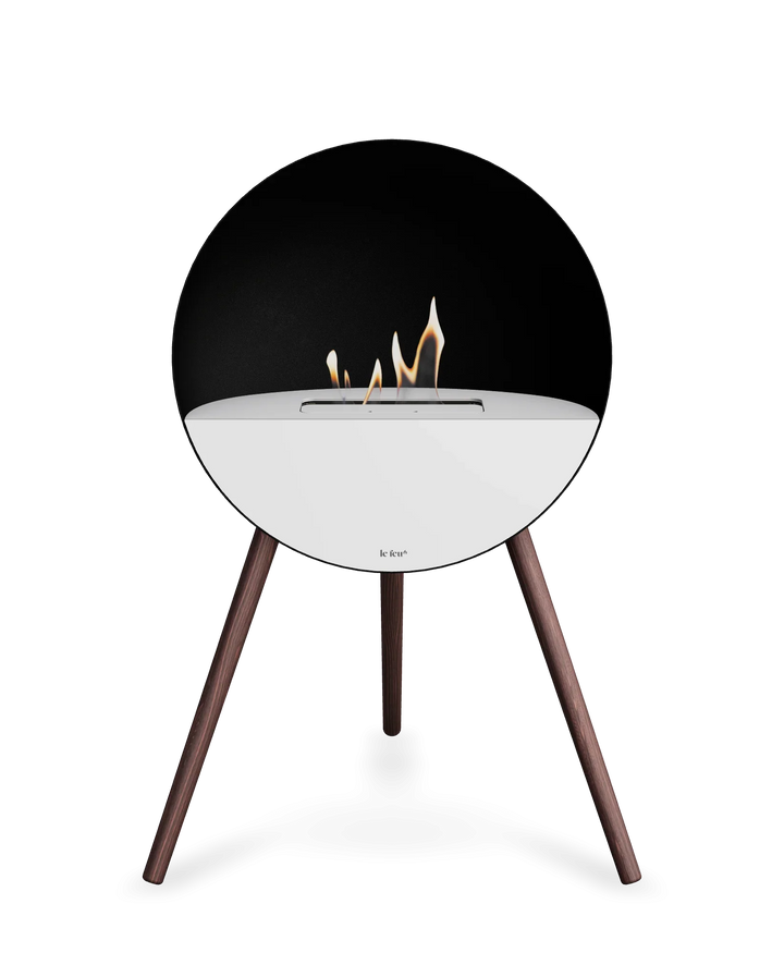 Bioethanol Standkamin Le Feu EYE freistehend in Schwarz mit oberem Glas in Weiß, Frontglas in Weiß und Standfüßen aus geräucherter Eiche
