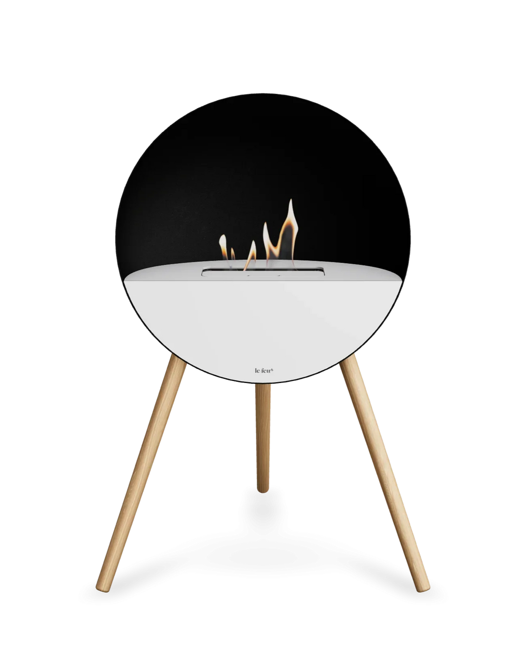 Bioethanol Standkamin Le Feu EYE freistehend in Schwarz mit oberem Glas in Weiß, Frontglas in Weiß und Standfüßen aus seifenbehandelter Eiche