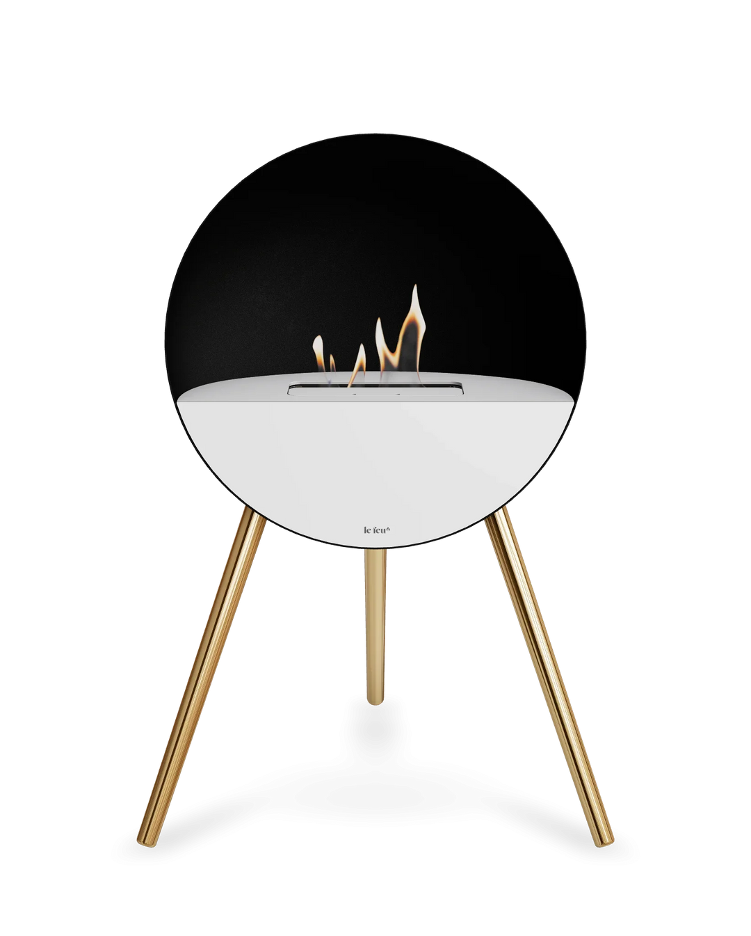 Bioethanol Standkamin Le Feu EYE freistehend in Schwarz mit oberem Glas in Weiß, Frontglas in Weiß und Standfüßen in Roségold
