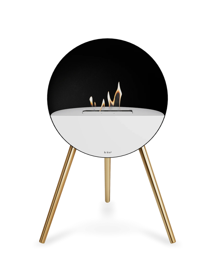 Bioethanol Standkamin Le Feu EYE freistehend in Schwarz mit oberem Glas in Weiß, Frontglas in Weiß und Standfüßen in Roségold