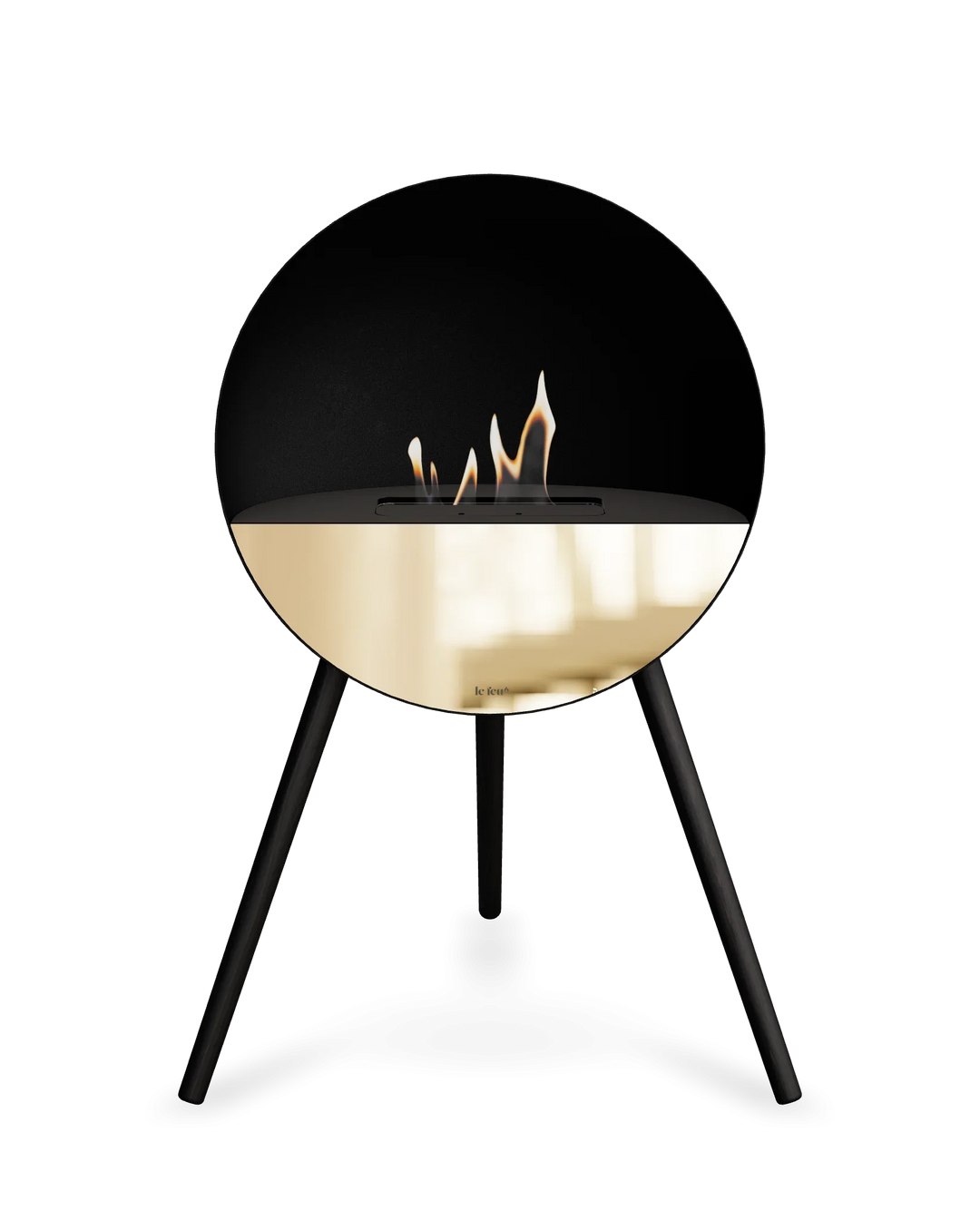 Bioethanol Standkamin Le Feu EYE freistehend in Schwarz mit oberem Glas in Schwarz, Frontglas in Roségold und Standfüßen in Schwarz