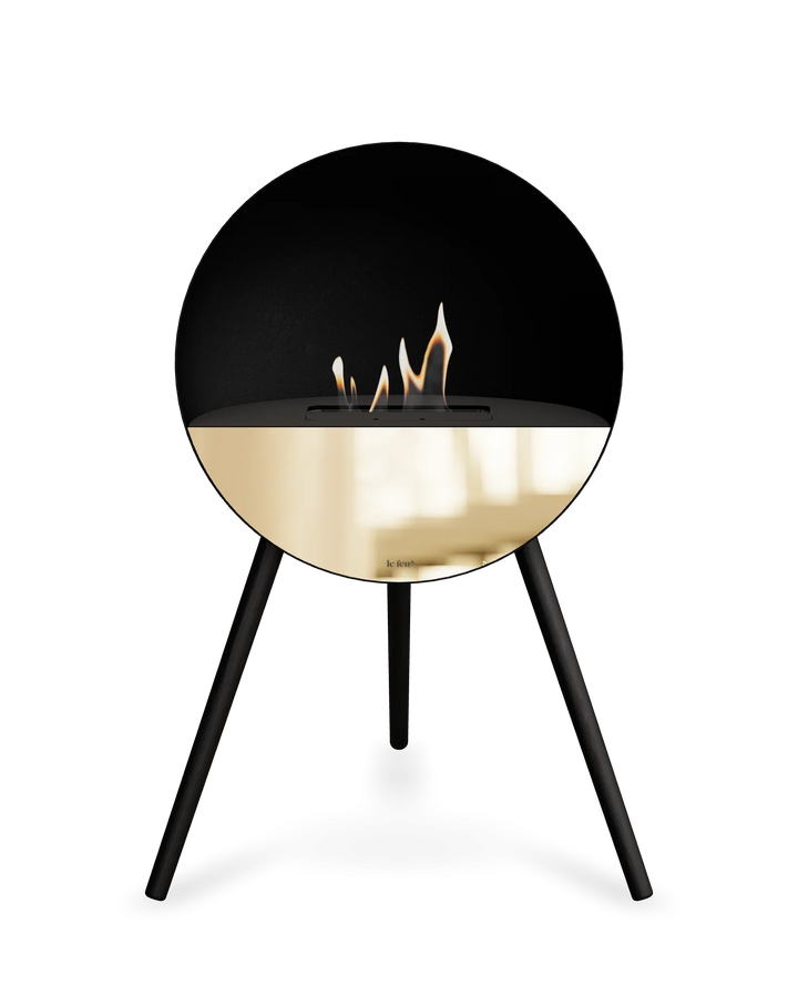 Bioethanol Standkamin Le Feu EYE freistehend in Schwarz mit oberem Glas in Schwarz, Frontglas in Roségold und Standfüßen in Schwarz