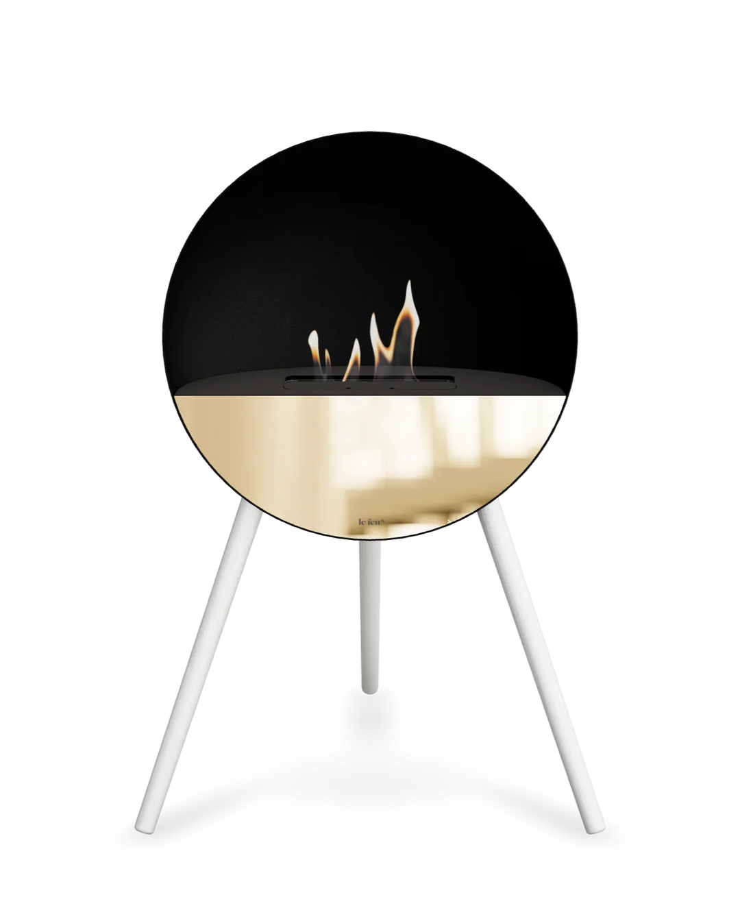 Bioethanol Standkamin Le Feu EYE freistehend in Schwarz mit oberem Glas in Schwarz, Frontglas in Roségold und Standfüßen in Weiß