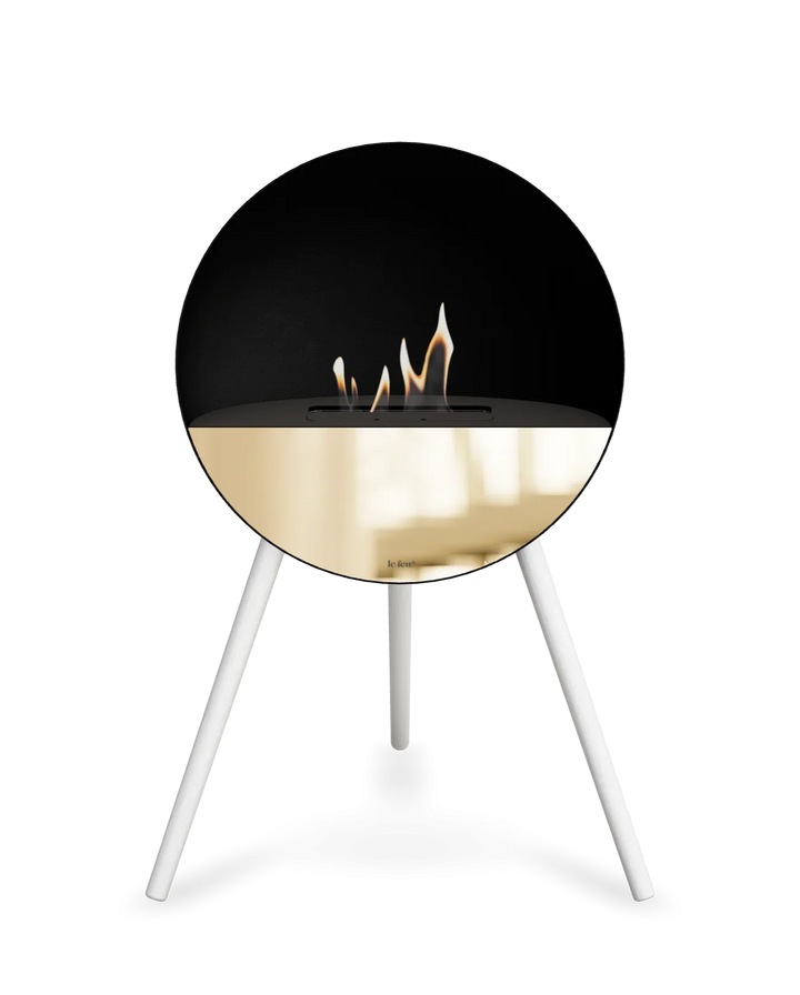 Bioethanol Standkamin Le Feu EYE freistehend in Schwarz mit oberem Glas in Schwarz, Frontglas in Roségold und Standfüßen in Weiß