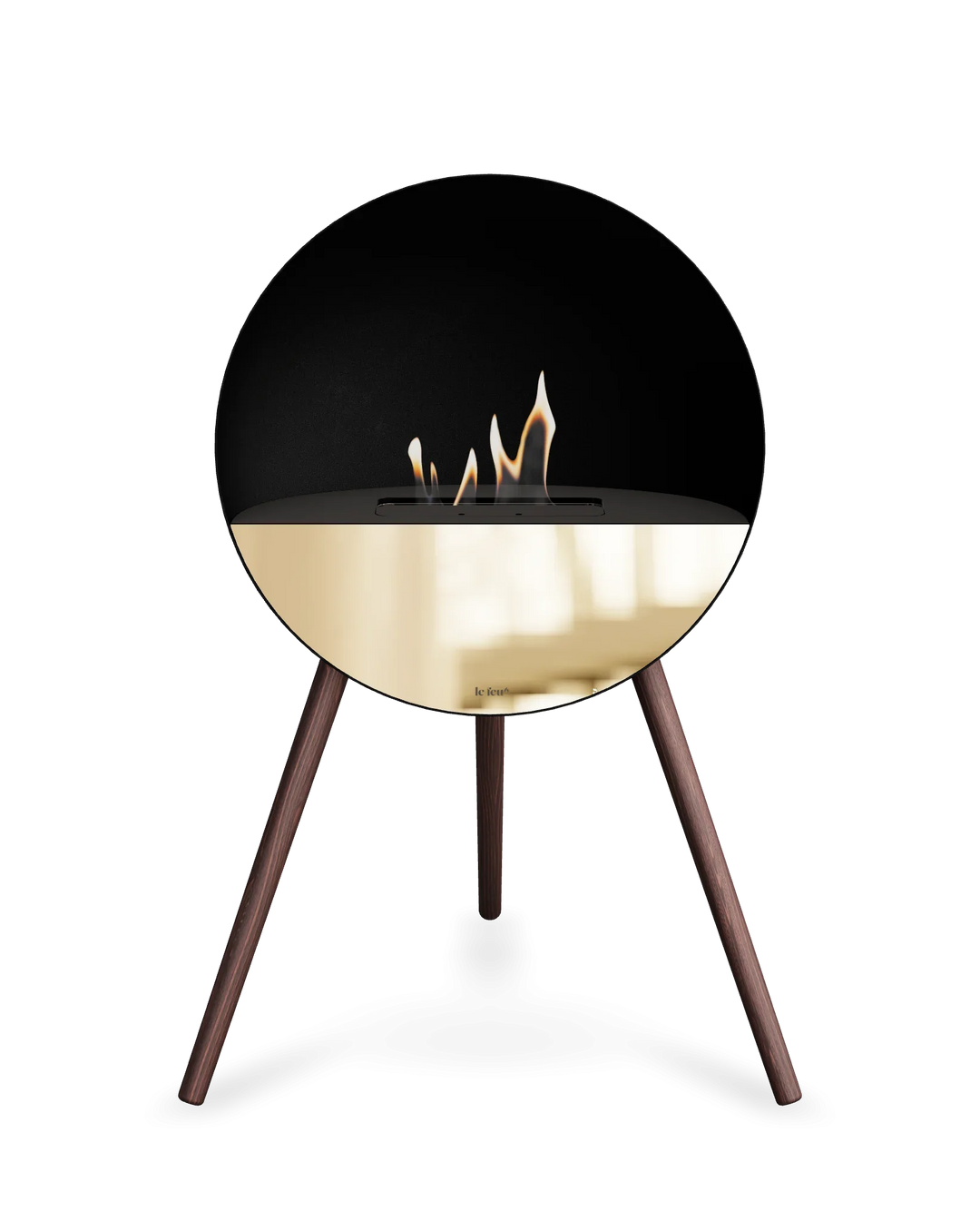Bioethanol Standkamin Le Feu EYE freistehend in Schwarz mit oberem Glas in Schwarz, Frontglas in Roségold und Standfüßen aus geräucherter Eiche