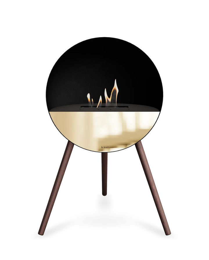 Bioethanol Standkamin Le Feu EYE freistehend in Schwarz mit oberem Glas in Schwarz, Frontglas in Roségold und Standfüßen aus geräucherter Eiche
