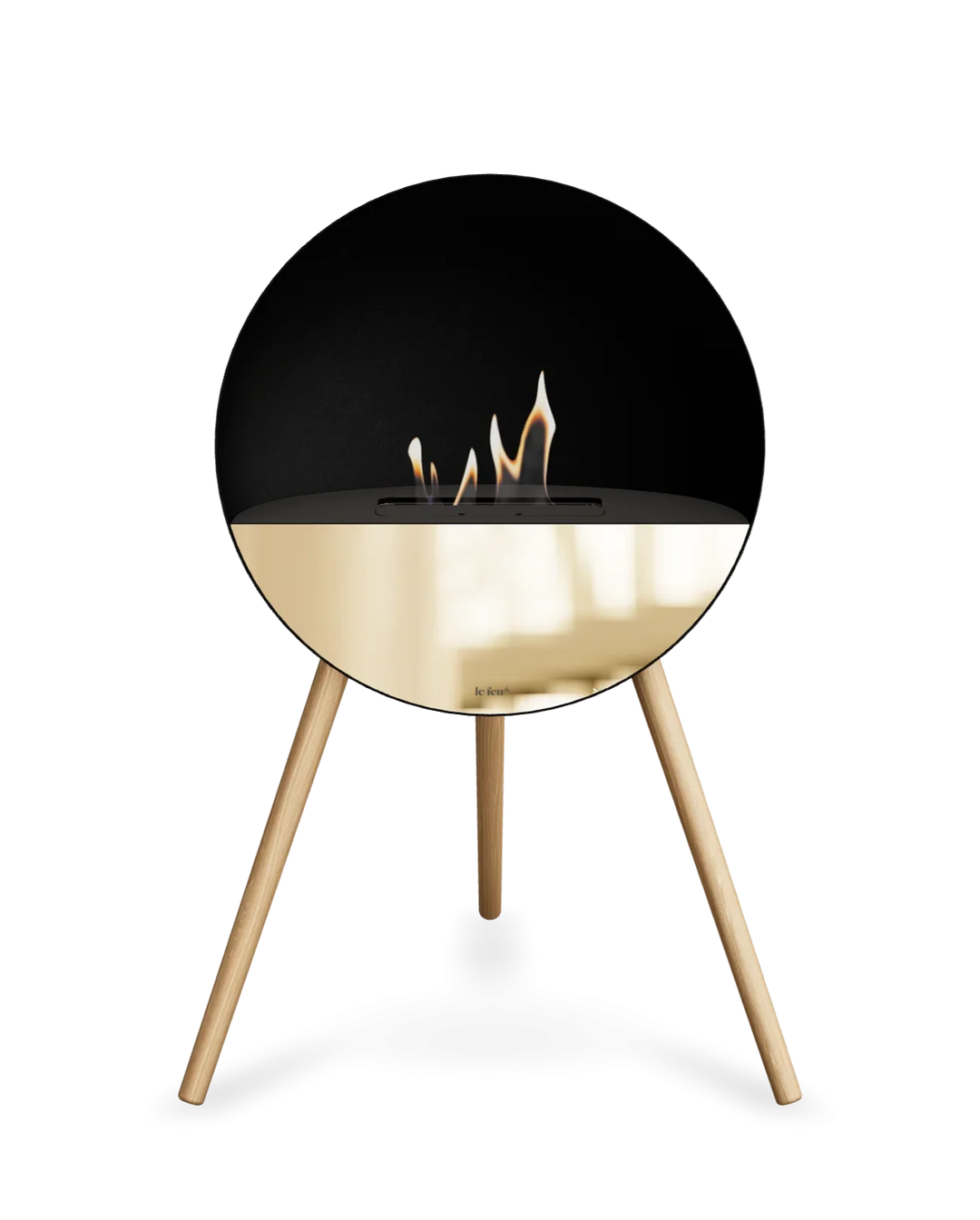 Bioethanol Standkamin Le Feu EYE freistehend in Schwarz mit oberem Glas in Schwarz, Frontglas in Roségold und Standfüßen aus seifenbehandelter Eiche