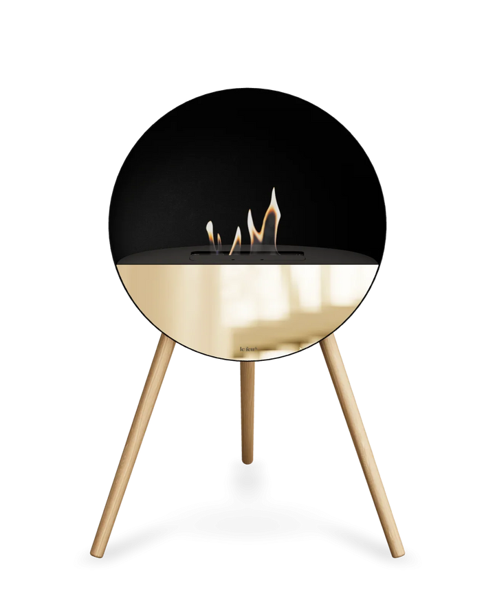Bioethanol Standkamin Le Feu EYE freistehend in Schwarz mit oberem Glas in Schwarz, Frontglas in Roségold und Standfüßen aus seifenbehandelter Eiche