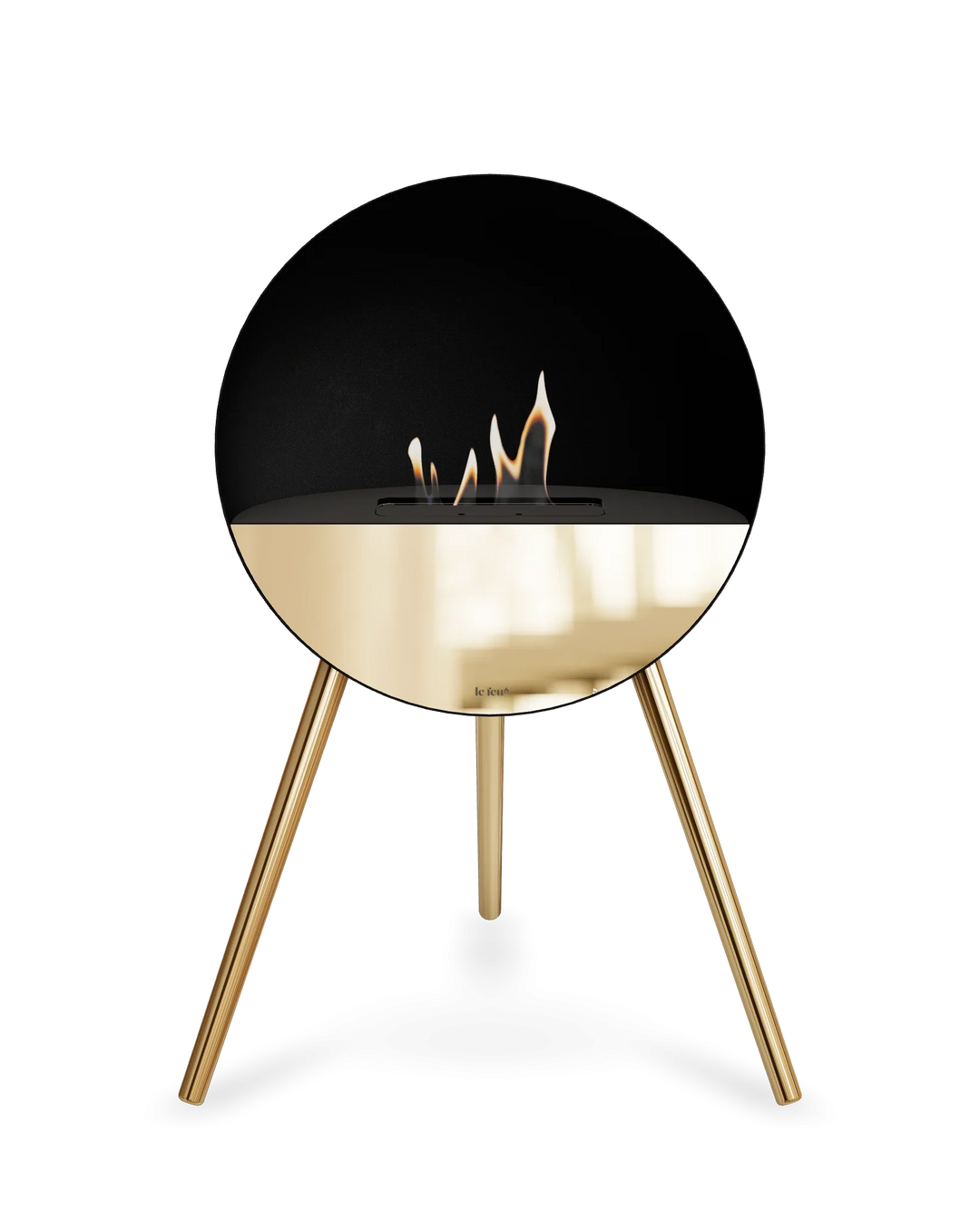 Bioethanol Standkamin Le Feu EYE freistehend in Schwarz mit oberem Glas in Schwarz, Frontglas in Roségold und Standfüßen in Roségold