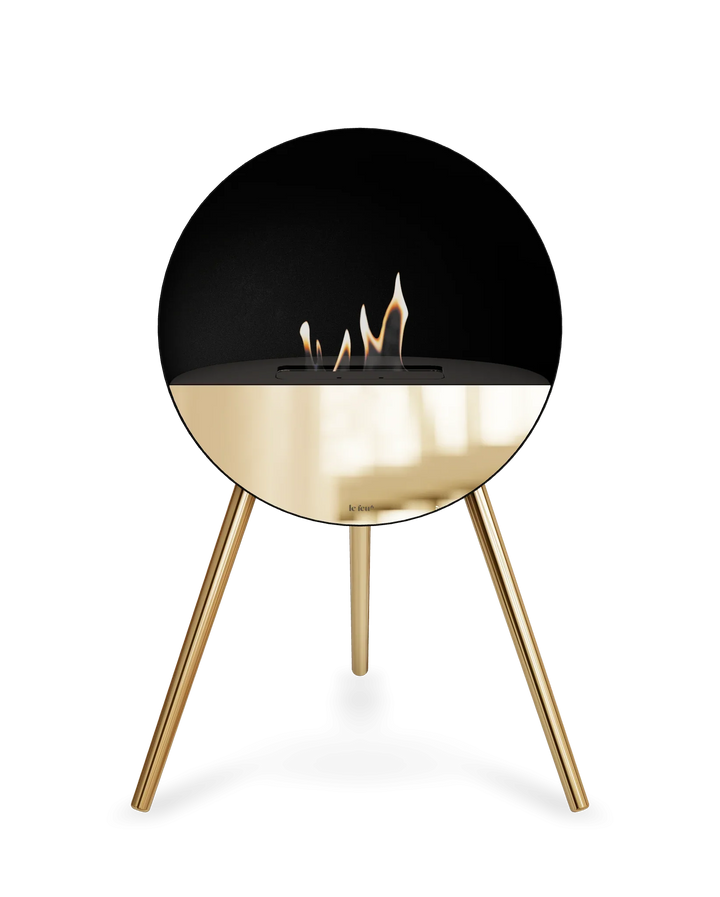 Bioethanol Standkamin Le Feu EYE freistehend in Schwarz mit oberem Glas in Schwarz, Frontglas in Roségold und Standfüßen in Roségold