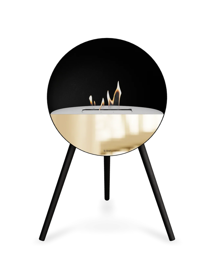 Bioethanol Standkamin Le Feu EYE freistehend in Schwarz mit oberem Glas in Weiß, Frontglas in Roségold und Standfüßen in Schwarz