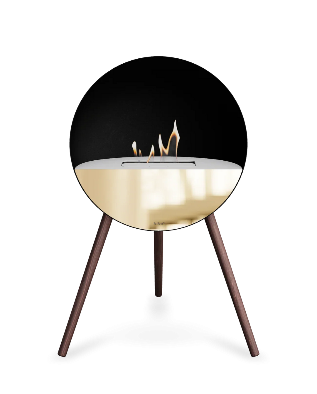 Bioethanol Standkamin Le Feu EYE freistehend in Schwarz mit oberem Glas in Weiß, Frontglas in Roségold und Standfüßen aus geräucherter Eiche