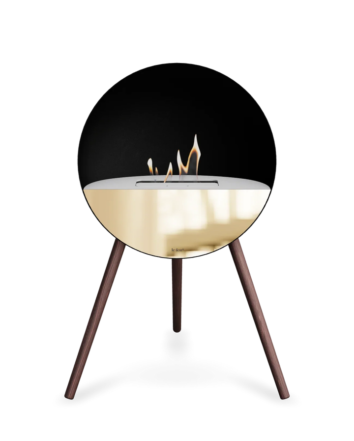 Bioethanol Standkamin Le Feu EYE freistehend in Schwarz mit oberem Glas in Weiß, Frontglas in Roségold und Standfüßen aus geräucherter Eiche