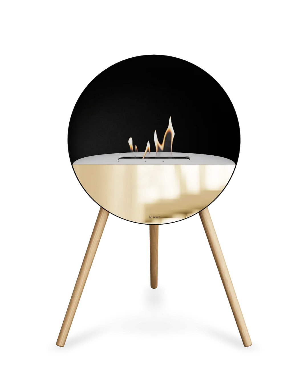 Bioethanol Standkamin Le Feu EYE freistehend in Schwarz mit oberem Glas in Weiß, Frontglas in Roségold und Standfüßen aus seifenbehandelter Eiche