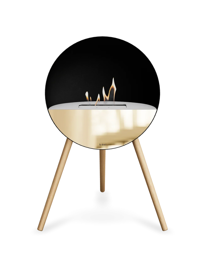 Bioethanol Standkamin Le Feu EYE freistehend in Schwarz mit oberem Glas in Weiß, Frontglas in Roségold und Standfüßen aus seifenbehandelter Eiche