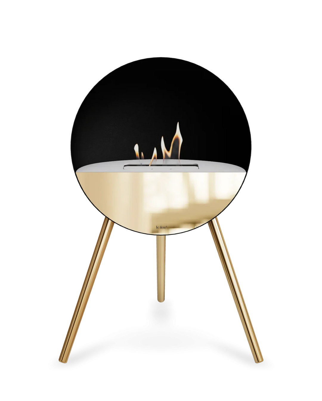 Bioethanol Standkamin Le Feu EYE freistehend in Schwarz mit oberem Glas in Weiß, Frontglas in Roségold und Standfüßen in Roségold