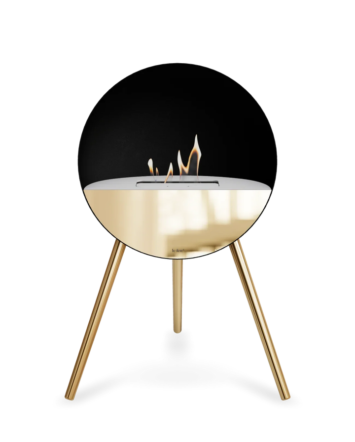 Bioethanol Standkamin Le Feu EYE freistehend in Schwarz mit oberem Glas in Weiß, Frontglas in Roségold und Standfüßen in Roségold