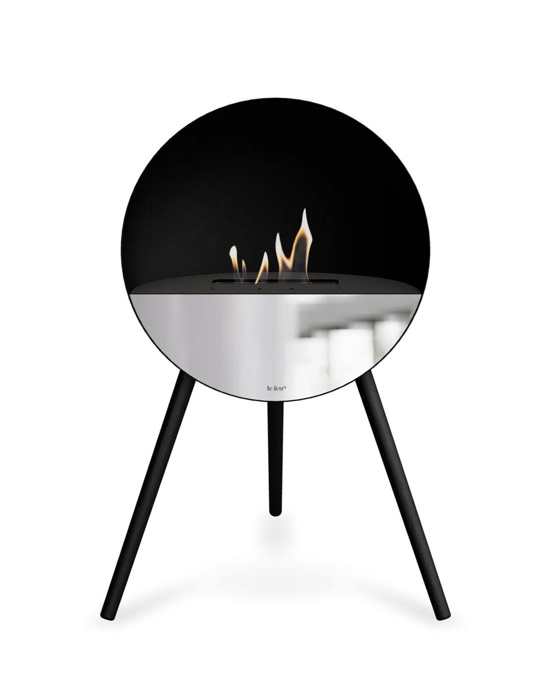 Bioethanol Standkamin Le Feu EYE freistehend in Schwarz mit oberem Glas in Schwarz, Frontglas in Spiegelglas und Standfüßen in Schwarz